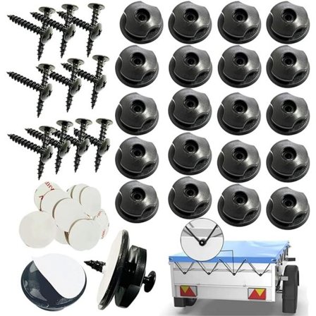 Rebfastholdere - runde presenningskroge - trailerknapkroge - runde knopper - monteringsclips - presenningssikringsanordninger - sort - 20-pak