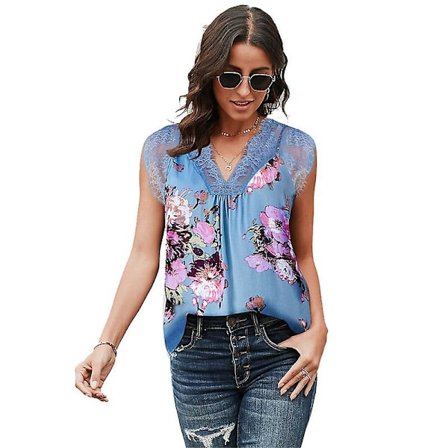 Dame Ærmeløs V-hals Toppe Blonde Blomster Casual Løse Bluser Skjorter