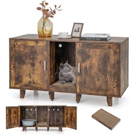 COSTWAY-kissan wc-talo, 2 ovea, irrotettava raapimislauta, kissanhiekkalaatikon huonekalut, 2 lokeroa, ruskea