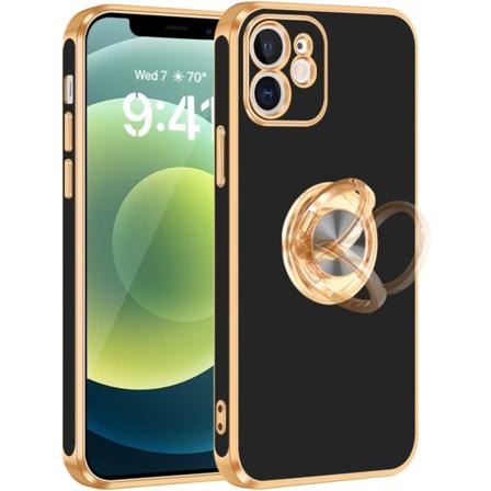 iPhone 12-etui med ringstativ, [360° roterbar ringholder magnetisk kickstand] [blank kant med skinnende belægning], sort