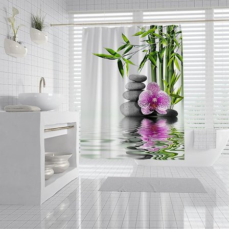Mögelresistent duschdraperi Zen Pebble tryckt duschdraperi Vattentätt tyg Polyester 180x200cm 3D orkidé bambu duschdraperier badkar Machi