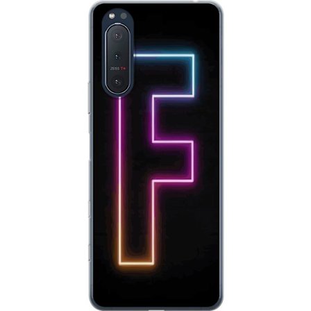 Kompatibel Mobilcover til Sony Sony Xperia 5 II Neonbogstav F i lyserød, blå og gul lyskanter mod en mørk baggrund, grafisk bogstavillustration med