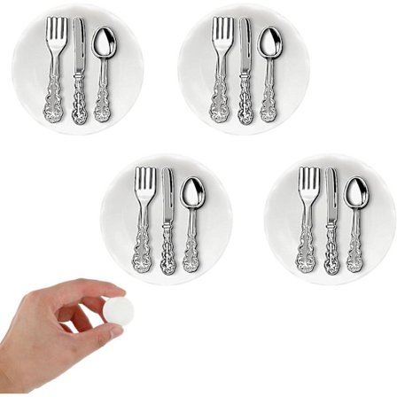 Dukkehustovsett - 4 Mini Tallerkener med Metall Bestikk for Lek