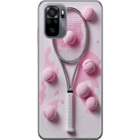 Kompatibel Mobilcover til Xiaomi Xiaomi Redmi Note 10S Rosa glaskugler og tennisketsjer i et kreativt stillbillede med legende popfølelse og moderne