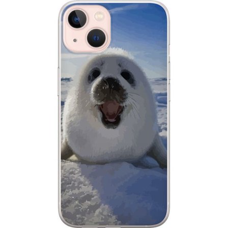 Kompatibelt Mobildeksel til Apple iPhone 13 Hvitt sel skjelett på snø med åpent smil og store øyne, arktisk søtt dyremotiv med myke konturer og vinter