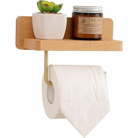 Træ Toiletpapirholder med Hylde Selvhæftende Vægmonteret Toiletpapirholder til Badeværelse