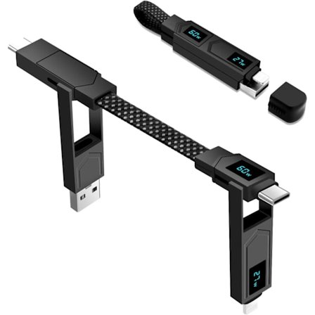 2025 Senaste Modell 4-i-1 LED-Display Nyckelring med USB-C Kabel, Multi Universell Datakabel Laddningskabel Lightning och USB Kabel, Typ C till