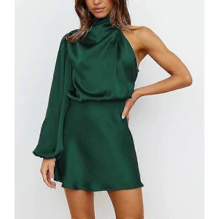 Satin Kjoler Dame Mock Neck En Skulder Langærmet Høj Talje Kjoler Grøn green XL