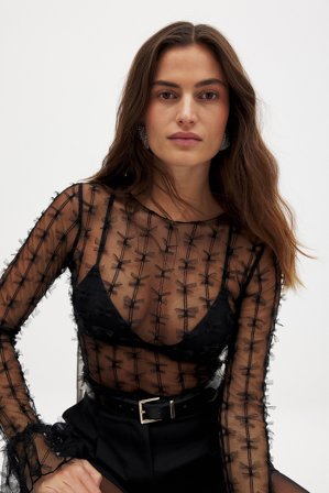 NA-KD Topp i mesh med rosett - Festtoppar - Svart - XS (EU 32)