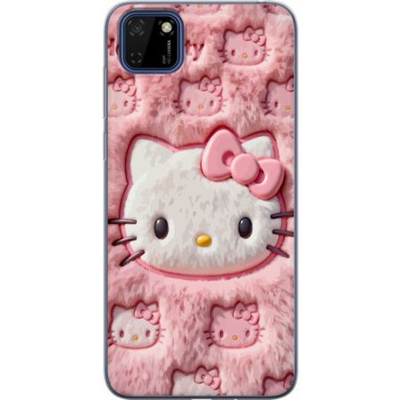 Yhteensopiva Puhelinkuori Huawei Y5p Hello Kitty vaaleanpunainen pörröinen tausta, jossa on ikoninen kasvot ja kawaii-esteettisyys
