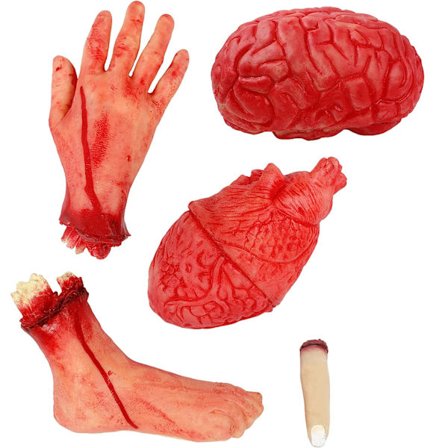 Skumle Fake Blod Rekvisitter Avkappet Hånd Hjerte Hjerne Fot Brukne Kroppsdeler for Spøkelseshus Halloween Vampyr Zombie Festutstyr