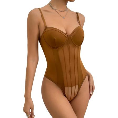Sheer Mesh , ärmlös V-ringad spets för damer, genomskinlig Cami Bodysuit Toppar