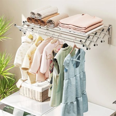 Udtrækkeligt vægmonteret tørrestativ i rustfrit stål med 8 stænger