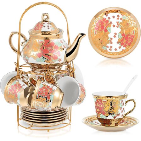 20-delars Porslin Teservis, Europeisk Blomstermålning Keramisk Tekanna med Metallhållare och Sked, Teparty Presentset för Kvinnor och Ad