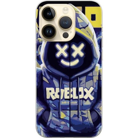 Kompatibelt Mobildeksel til Apple Apple iPhone 14 Pro Blågul Roblox hettegenserfigur med minimalistisk neonstil og masket ansikt, moderne spillillust