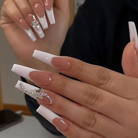 24 stk. Lange Kvadratiske Falske Negle Nude Hvid Fransk Blonder Tryk På Negle Fuld Dækning Blank Falsk Neglekunst Manicure Til Kvinder