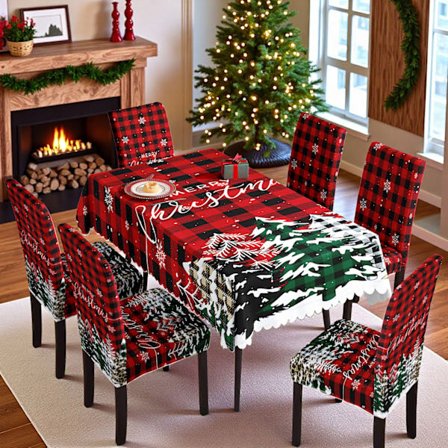 5-delt juleprint spisebordsstolbetræk & vandtæt dugsæt Jule stolbetræk & dugsæt (4 stolbetræk + 1 dug)