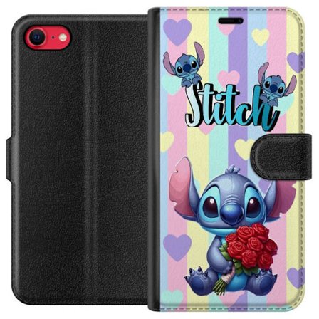 Kompatibel Tegnebogsetui til Apple iPhone SE (2020) Romantisk illustration af Stitch der holder røde roser mod stribet baggrund