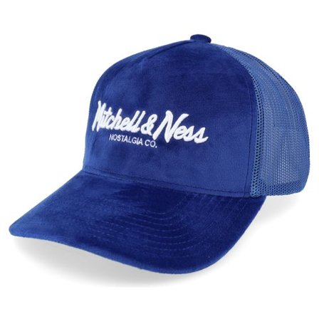Mitchell & Ness - Blå trucker Keps - Velvet Pinscript Blue A-Frame Trucker @ Hatstore