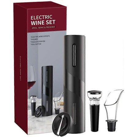 Elektrisk Korketrekker, Med Foliekutter, Kork og Hellepip - Svart (FMY)