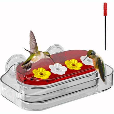 Fuglefoder til vinduer med stærke sugekopper, klar kolibri-foder til visning, 4 porte blomsterstang kolibri-fodringsstation med børste, udendørs