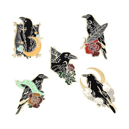 GHYT Svart kråke emalje pins sett kunst rose måne revers pin søte estetiske merker for barn kvinner ryggsekk skjorte denim veske