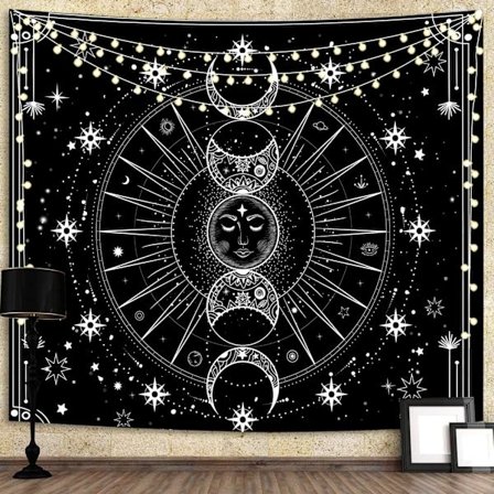 Sol Måne Vægtæppe Hængende Sol og Stjerne Rum Illusion Sort