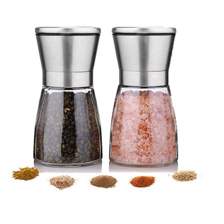 Salt- og pepperkvernsett, rustfritt stål kryddermølle, 2 justerbare keramiske manuelle kverner med glasskropp, påfyllbar