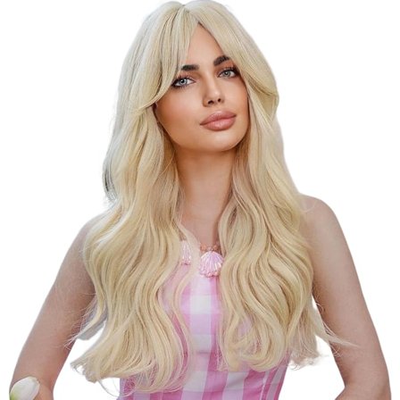 Lång blond lockig peruk för cosplay med lugg