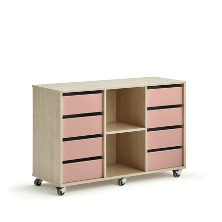 Regał szkolny CASPER, 8 szuflad, 2 przegrody, brzoza, ciemnoróżowy
