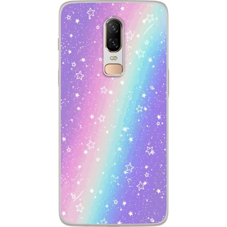 Kompatibel Mobilcover til OnePlus 6 Rainbow-farvet pastelbaggrund med hvide stjerner og glitrende prikker i blød overgang