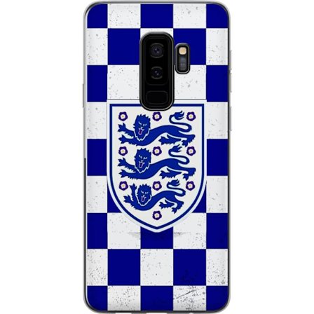 Kompatibel Mobilcover til Samsung Samsung Galaxy S9+ Grafisk skakternet mønster i blåt og hvidt med et klassisk heraldisk emblem, retro-inspireret s