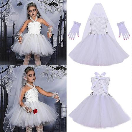 Halloween-kostume til børn - Spøgelsesbrud-kjole, vampyr-rolleleg-kjole + slør + handsker 120