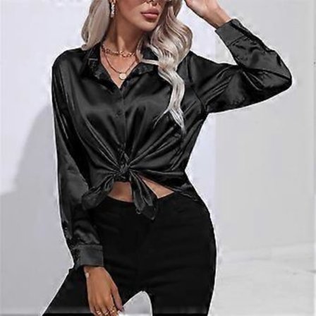 Vår Høst Sateng Bluse Imitert Silke Langermet Skjorte for Dame Plus Size Løse Topper (L svart)