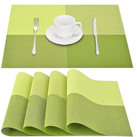 Placemat Set of 4, Heat Resistant Woven Vinyl Placemats, Non-Slip Washable PVC Table Mats, Easy to Clean Premium Plastic Table Mats (Green)
