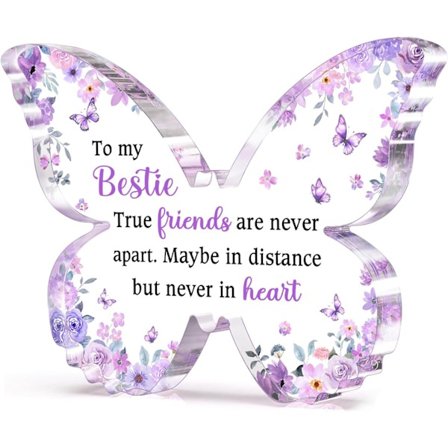 Bestie Bästa Vän Vänskapsgåvor för Kvinnor, Unik Lila Fjäril Akrylplatta Skrivbordsdekor, Gåvor till Bestie Bästa Vän Födelsedag, 12,7x9,5cm