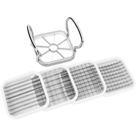 Eplekutter, 5-i-1 Eplekjernefjerner, Skiver og Skreller i Rustfritt Stål med 4 Alternative Skjæreverktøy for Kjernefjerning.