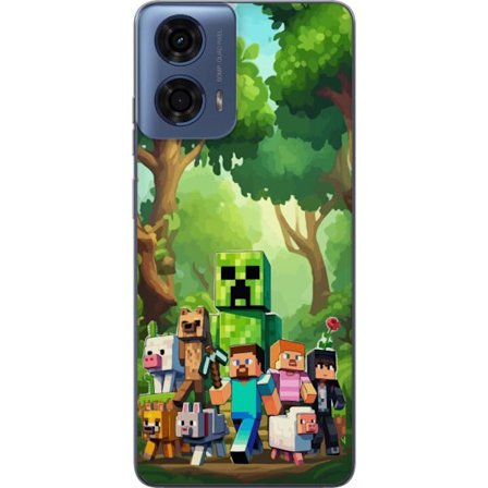 Kompatibel Mobilcover til Motorola Moto G04 Klodset pixeleret spilverden med grønne figurer og dyr i frodig skovmiljø