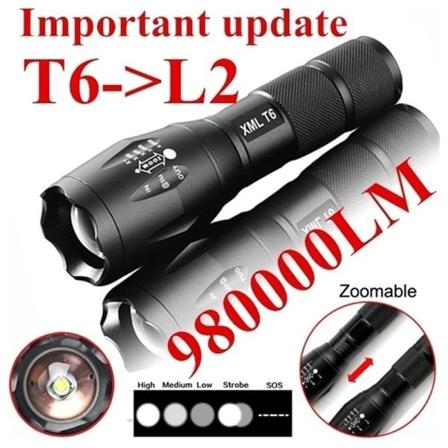 T6 Taktisk Militær LED Lommelykt 980000LM Zoomable 5 Modus Wi Sort