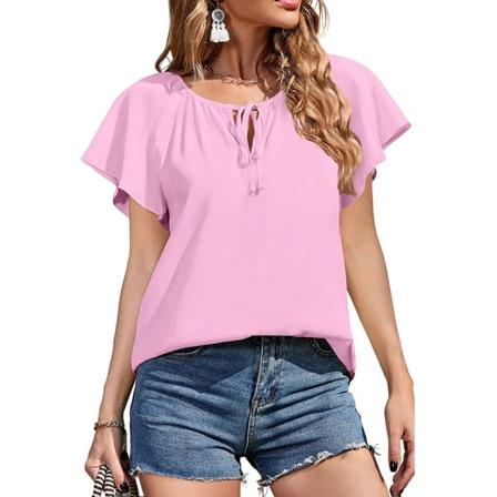 Kvinna Casual Chiffongtopp printed V-hals Kortärmad blusskjorta med dragsko för sommaren Rosa L