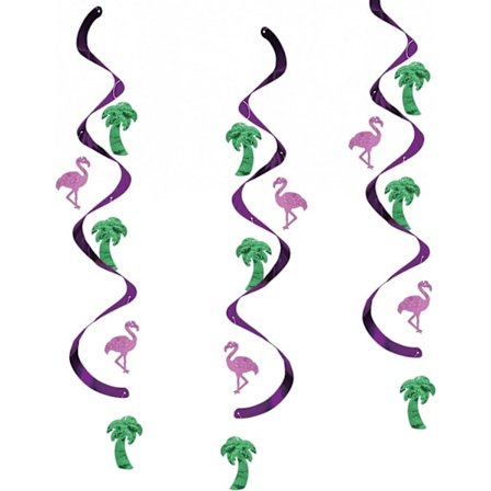 Kreativa festliga snurrande dinglande dekorationer i folie med palmer och flamingos