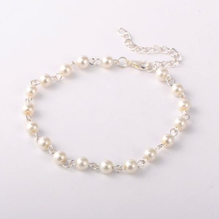 Handgjort Silverpläterad Vristlänk med vita pärlor , 230 mm. lång