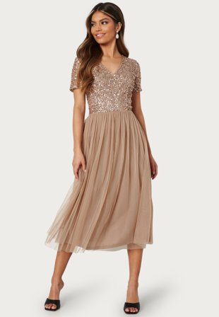 AngelEye - Short Sleeve Sequin Embellished Midi Dress - Taupe - Kläder - - Bubbleroom
