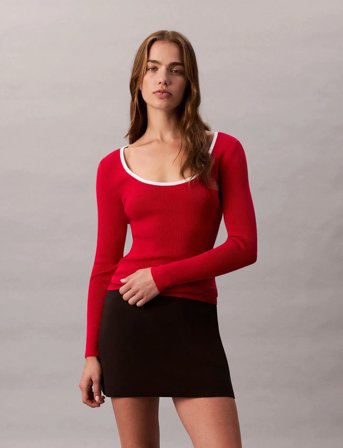 Calvin Klein Jeans Ls Color Blocked Cotton Sweater - Red - XS