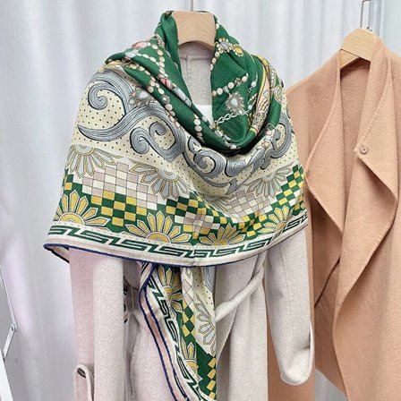 Ny vårkolleksjon: Dobbeltsidig sjal/skjerf i silke- og ullblanding, stor størrelse, trykt design.