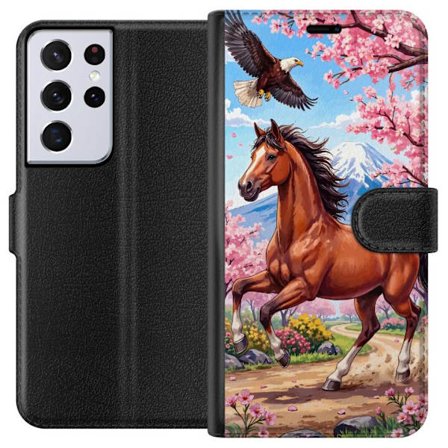 Kompatibelt Lommeboketui til Samsung Galaxy S21 Ultra 5G Häst körsbär