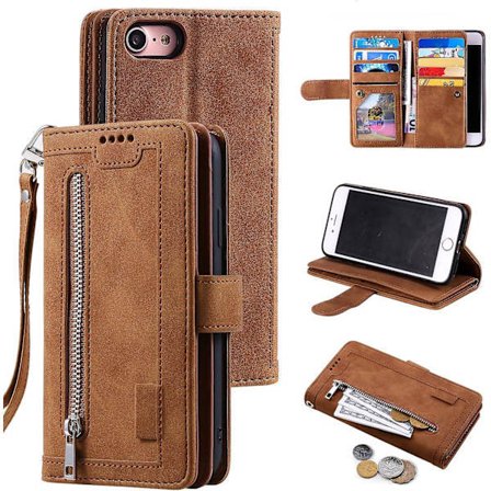 Wallet Case til iPhone SE 2022 5G/iPhone 7/iPhone 8/iPhone SE 2020, 9 Kort Holder Rum Lynlås Pung Case PU Læder Case - Brun