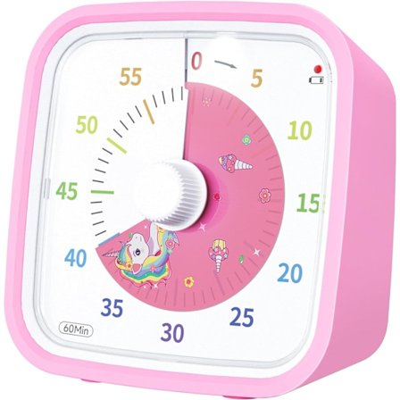 Visuel timer med beskyttende etui, Unicorn Disk 60 minutters nedtællingstimer til børn og voksne, lydløst tidsstyringsværktøj (Pink)