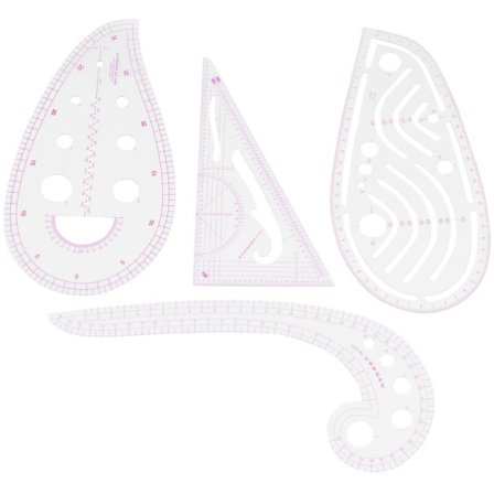 Sysett med 4 sømmerlinjaler – metrisk linjal, tilfeldig kurve, fransk graderingslinjal, mønstertegningsmåleskabel, tegneverktøy, 4 stiler for design