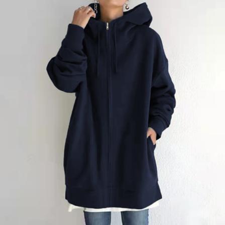 Dam Lång Luvtröja Tunika Vinter Varma Fleecejackor Casual Oversize Sweatshirt Kappa Zip Up Huvtröjor med fickor Dark-Blue XXL